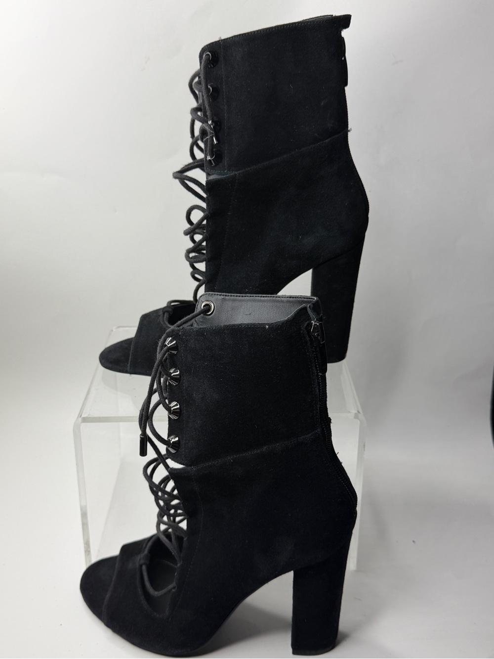 Kendall & Kylie Black Suede Lace-Up Open Toe Block Heel Boots